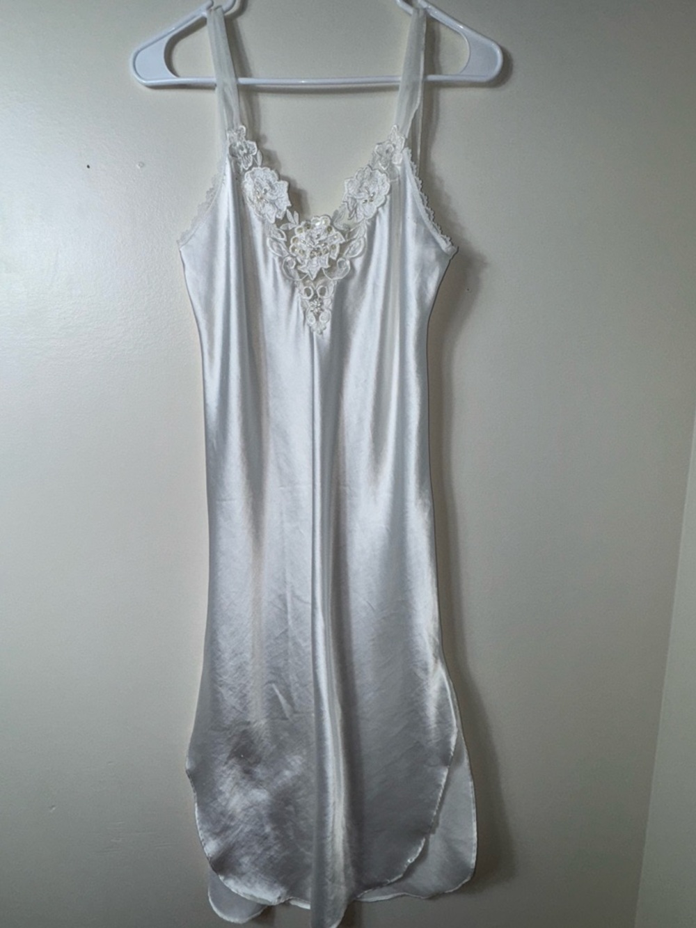 Vintage White Satin Chemise Nightgown Slip Dress Lace Floral Applique